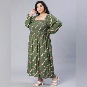 Simply Be Women's 16 Midi Dress Floral Print Smocked Long Sleeve Stretch